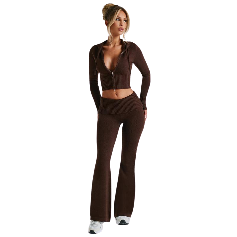 Two Piece Ribbed Zip Up Hoodie And Pant Set Brown