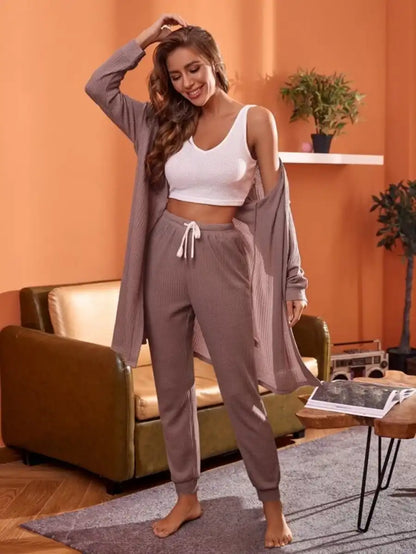 3 Piece Tank Top And Pants Pajama Set With Robe Light Purple