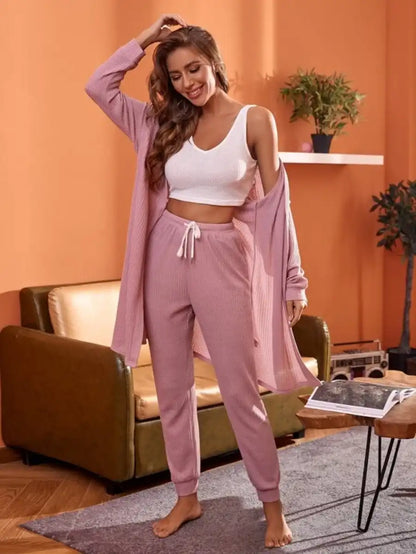 3 Piece Tank Top And Pants Pajama Set With Robe Pink