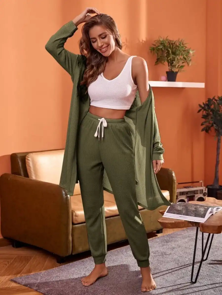 3 Piece Tank Top And Pants Pajama Set With Robe Green