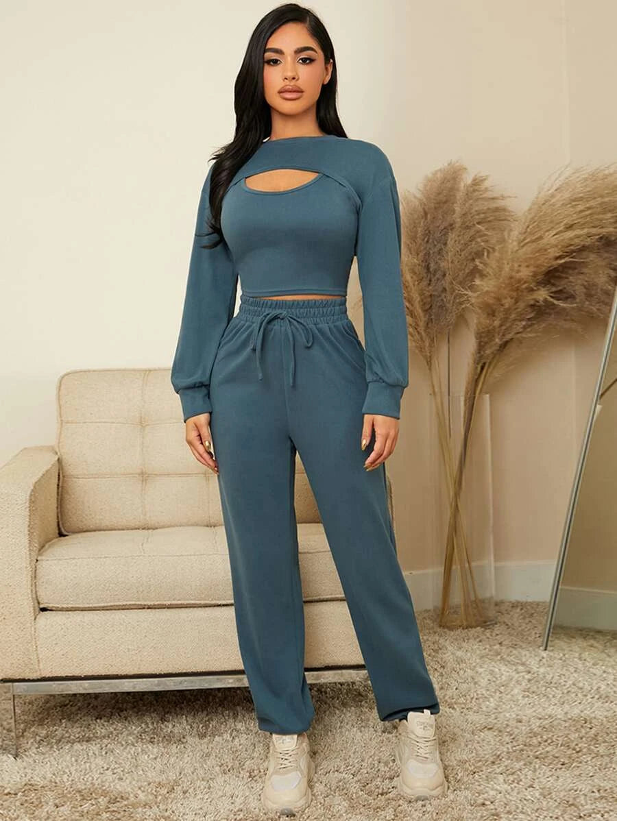 3 Pieces Tank Top Super Crop Pullover And Pants Lounge Set