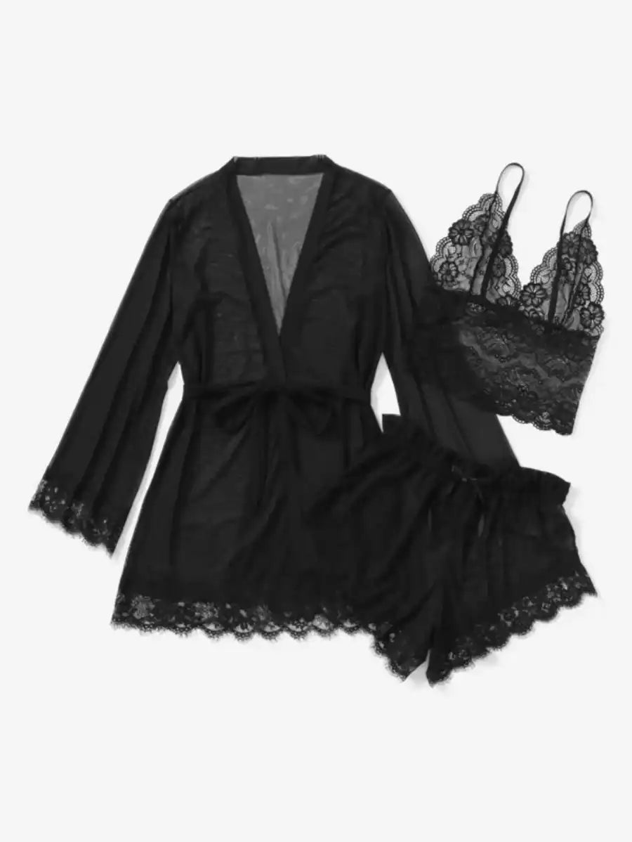 Contrast Lace Mesh Lingerie Set With Robe And Belt Black