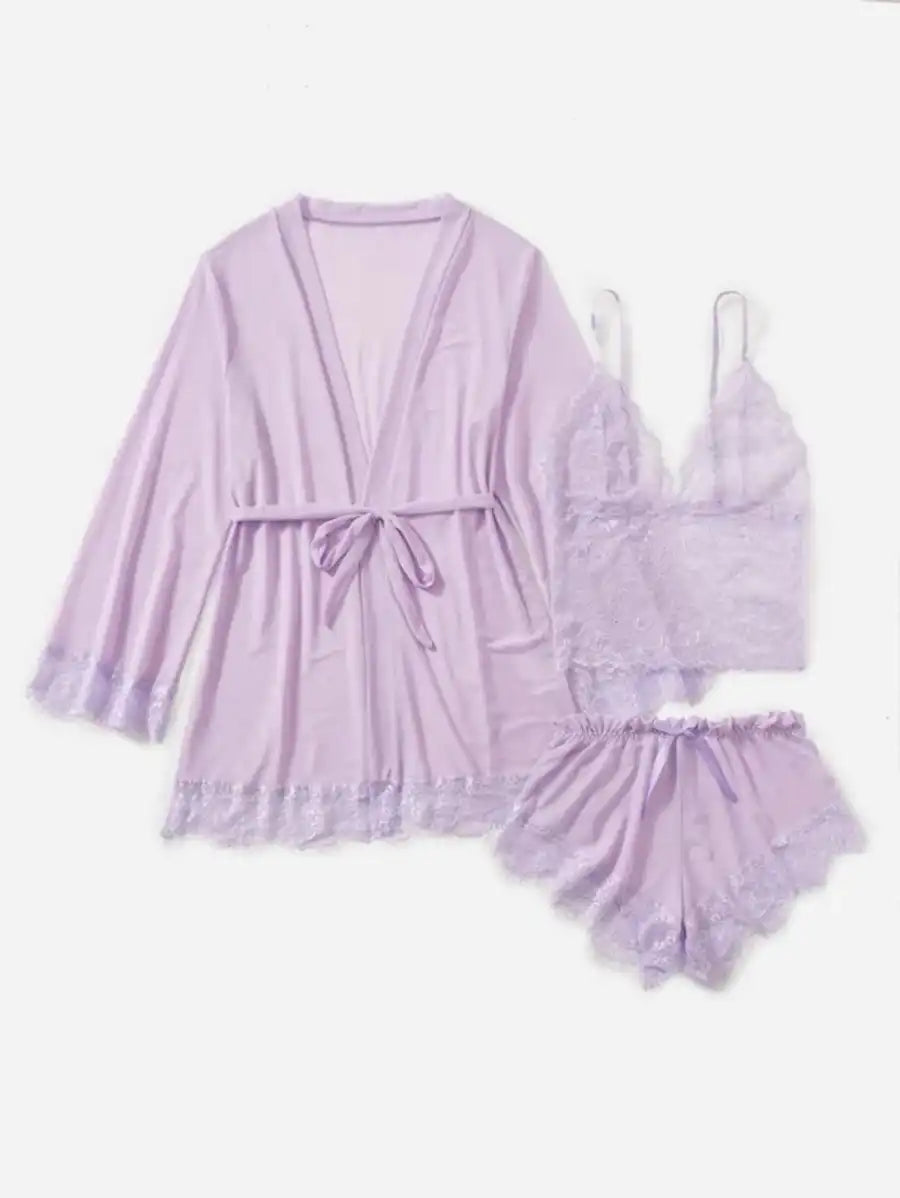 Contrast Lace Mesh Lingerie Set With Robe And Belt Light Purple