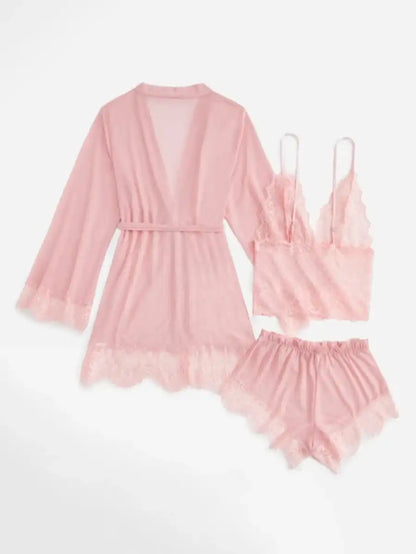 Contrast Lace Mesh Lingerie Set With Robe And Belt Pink