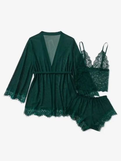 Contrast Lace Mesh Lingerie Set With Robe And Belt Green