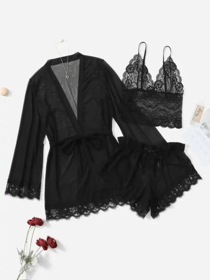 Contrast Lace Mesh Lingerie Set With Robe And Belt