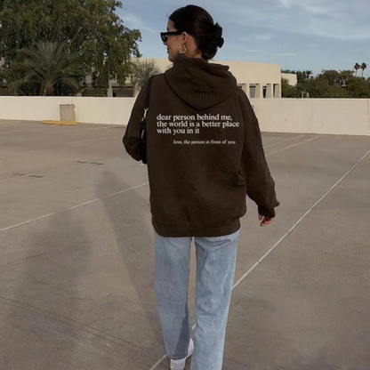 Quote Printed Pattern Hoodie Brown