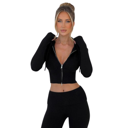 Two Piece Ribbed Zip Up Hoodie And Pant Set