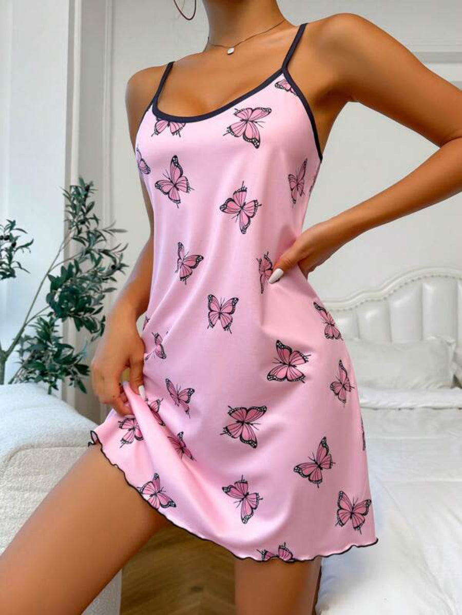 Butterfly Print Contrast Binding Lettuce Trim Cami Nightdress XL