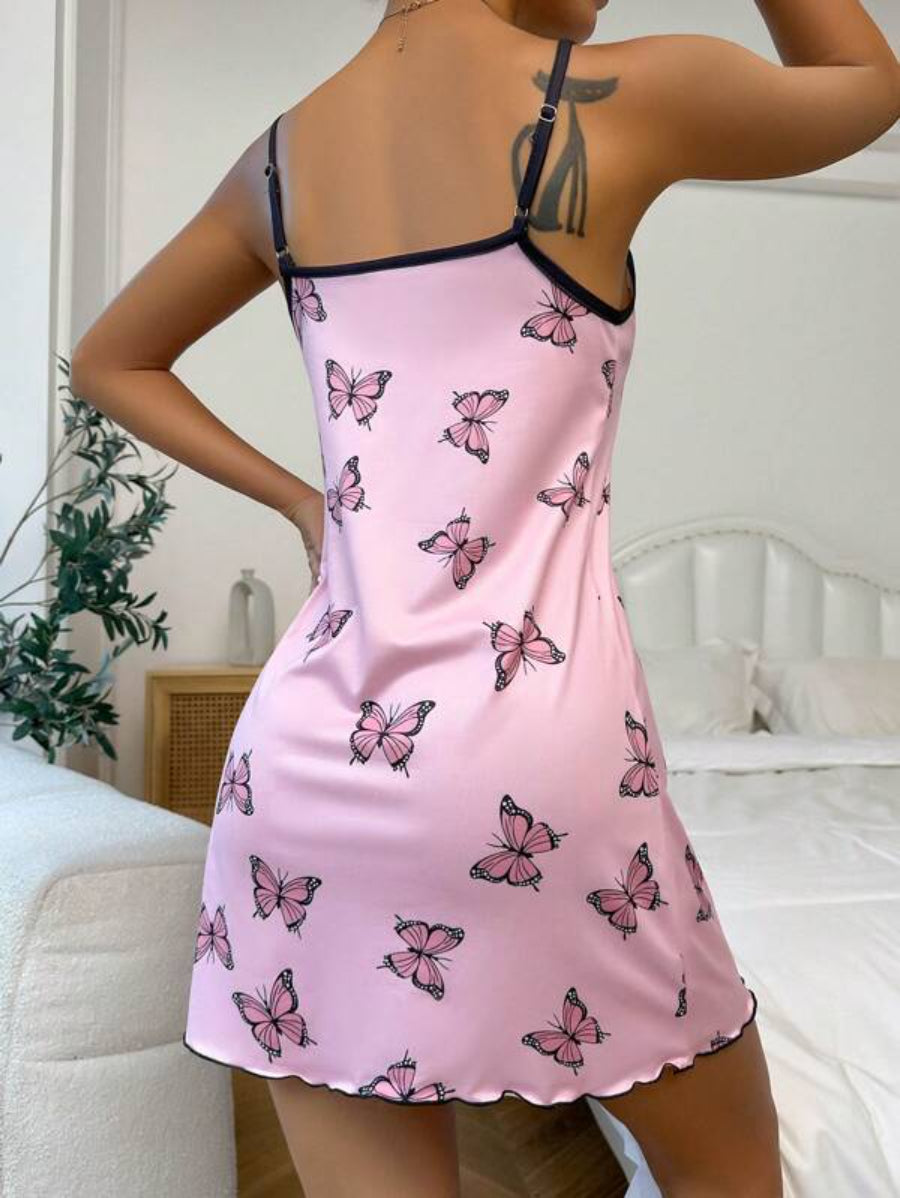 Butterfly Print Contrast Binding Lettuce Trim Cami Nightdress