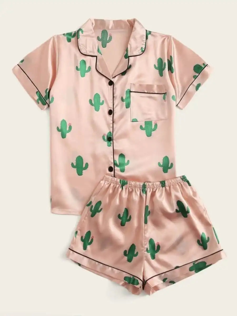 Cactus Print Satin Pajama Set XL