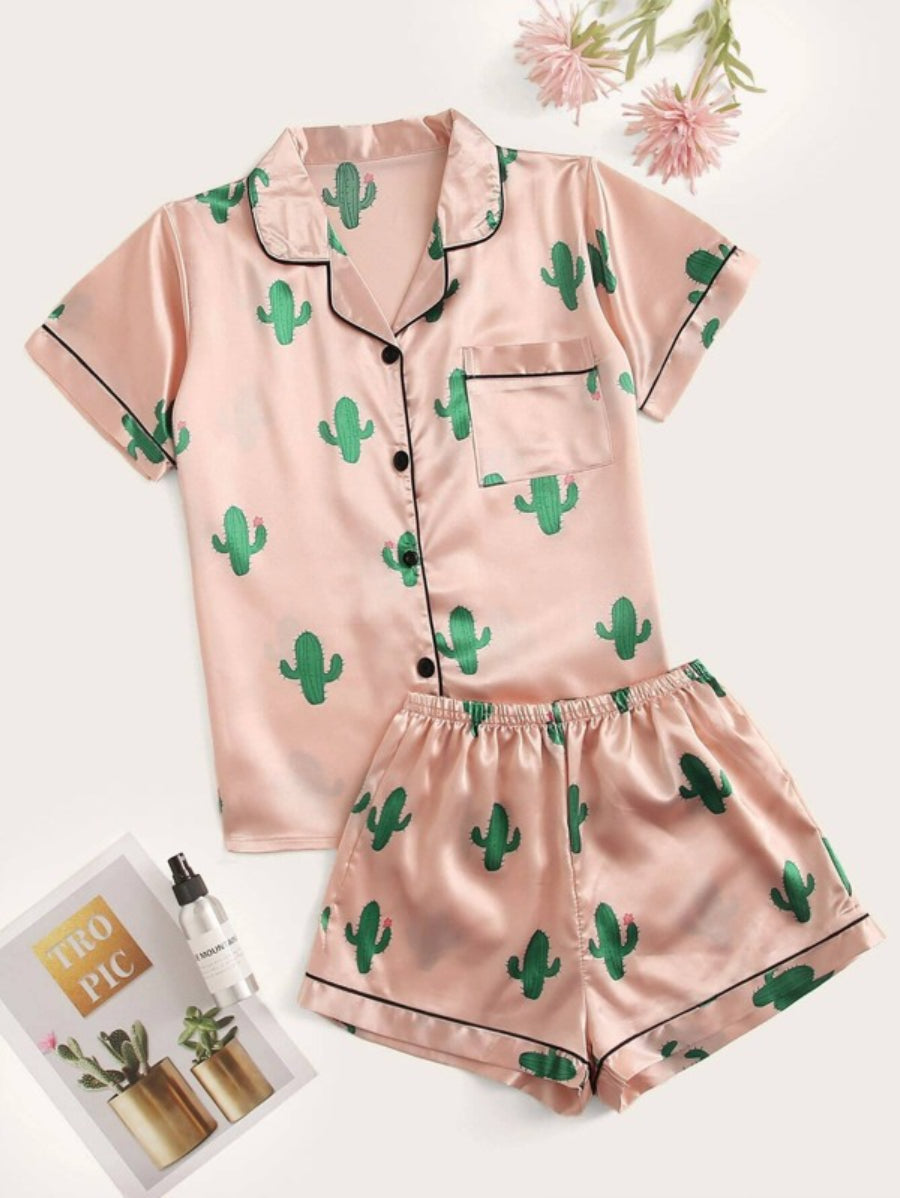 Cactus Print Satin Shorts Set