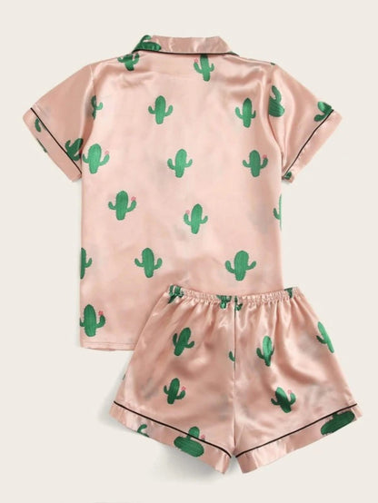 Cactus Print Satin Shorts Set