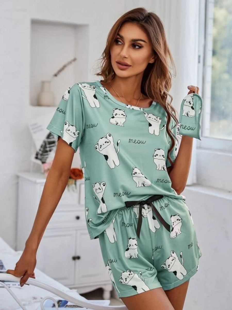 Cartoon Graphic Top And Shorts Set Green