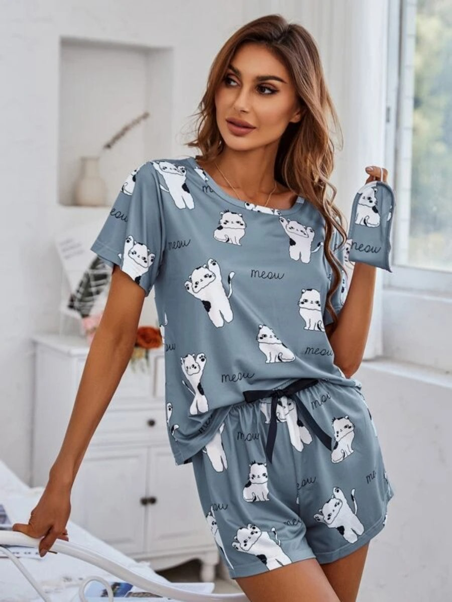 Cartoon Graphic Top And Shorts Set Blue