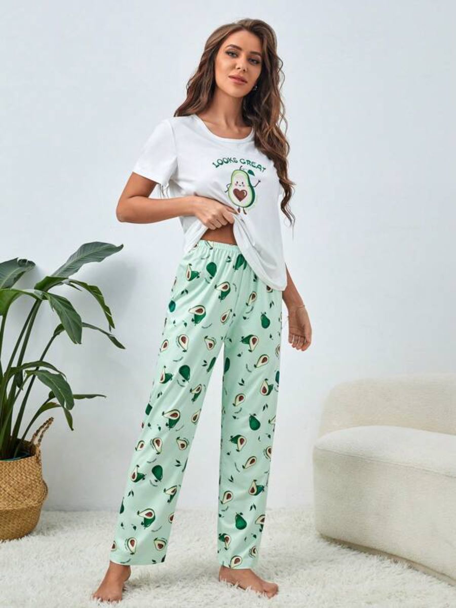 Cartoon Avocado Print Pajama Set