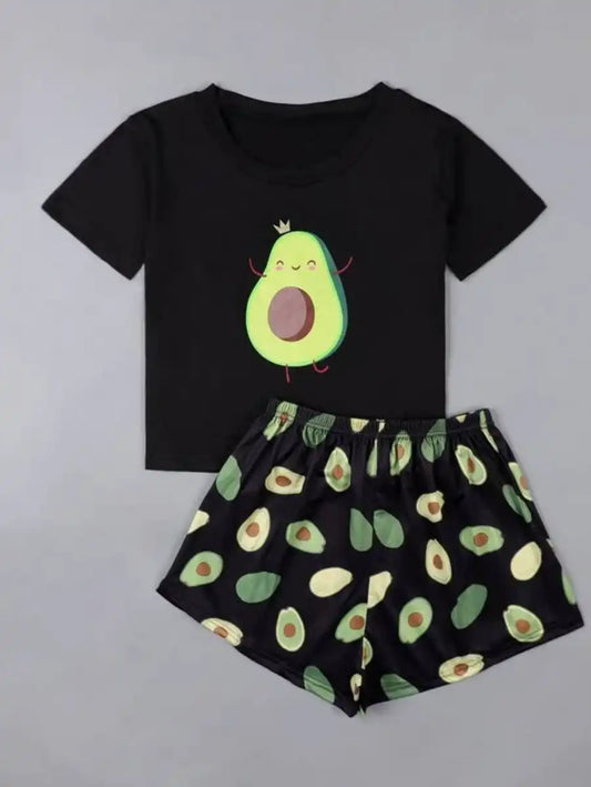 Cartoon Avocado Print Pajama Set Black