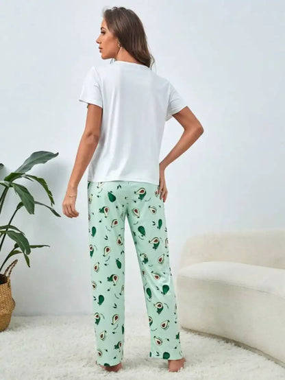 Cartoon Avocado Print Pajama Set