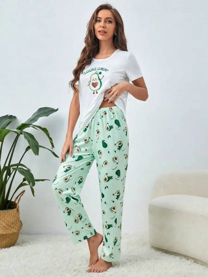 Cartoon Avocado Print Pajama Set