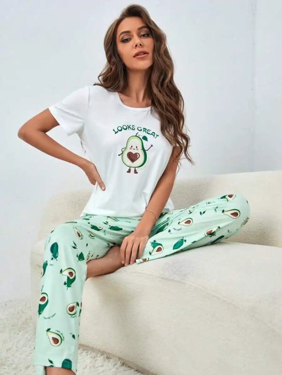 Cartoon Avocado Print Pajama Set