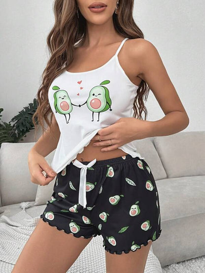 Cartoon Graphic Lettuce Trim Bow Front Shorts Set