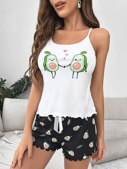 Cartoon Graphic Lettuce Trim Bow Front Shorts Set