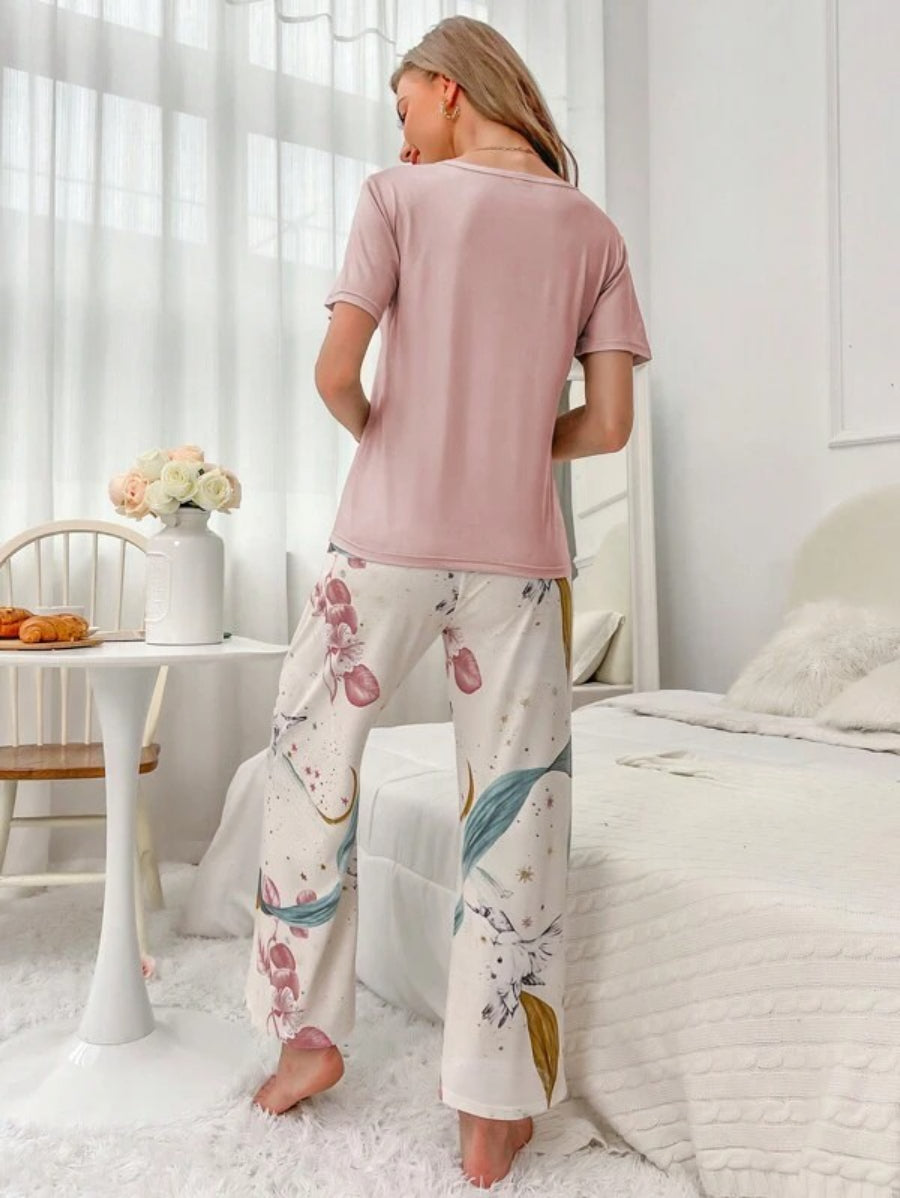 Floral Print Tee And Pajama Set