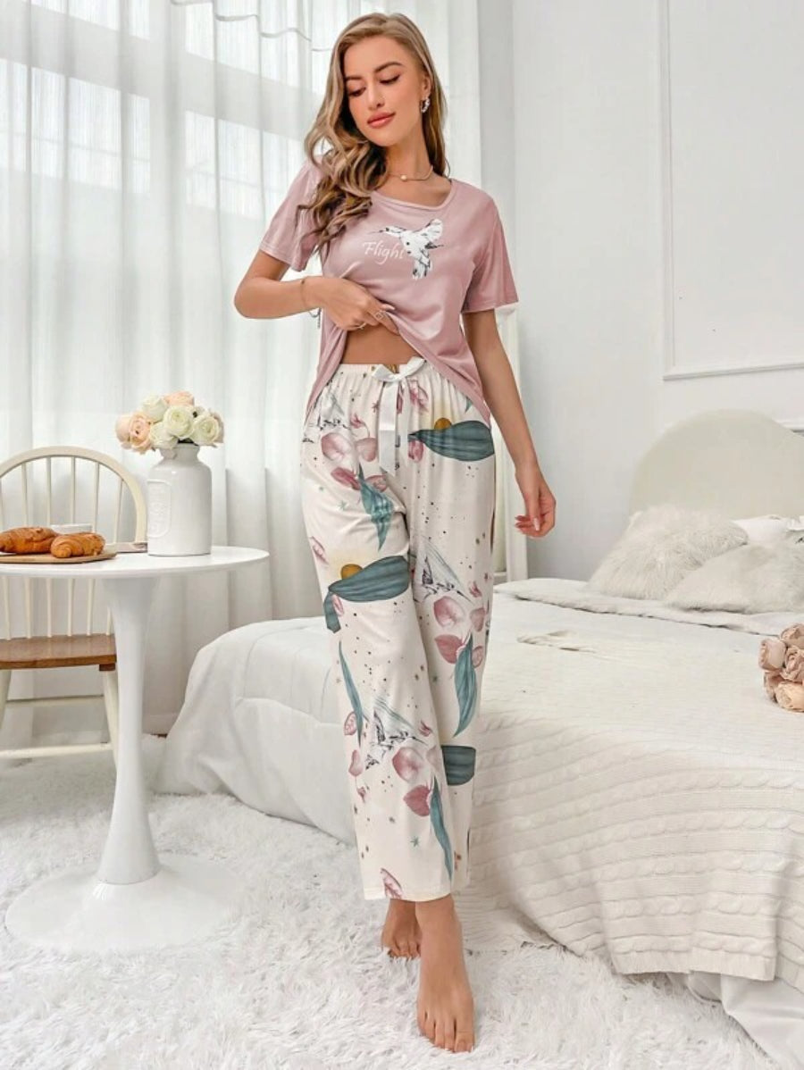 Floral Print Tee And Pajama Set