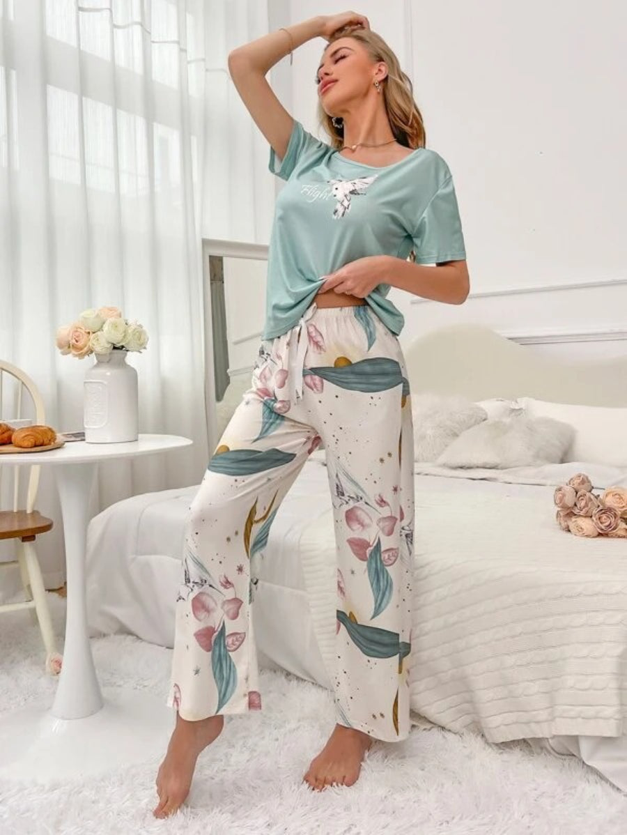 Floral Print Tee And Pajama Set