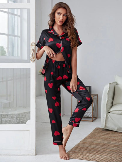 Casual Satin Allover Print Night Set