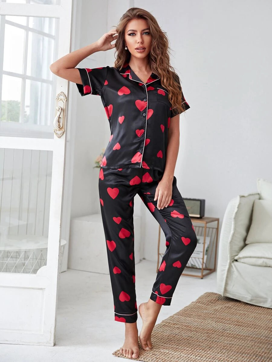 Casual Satin Allover Print Night Set