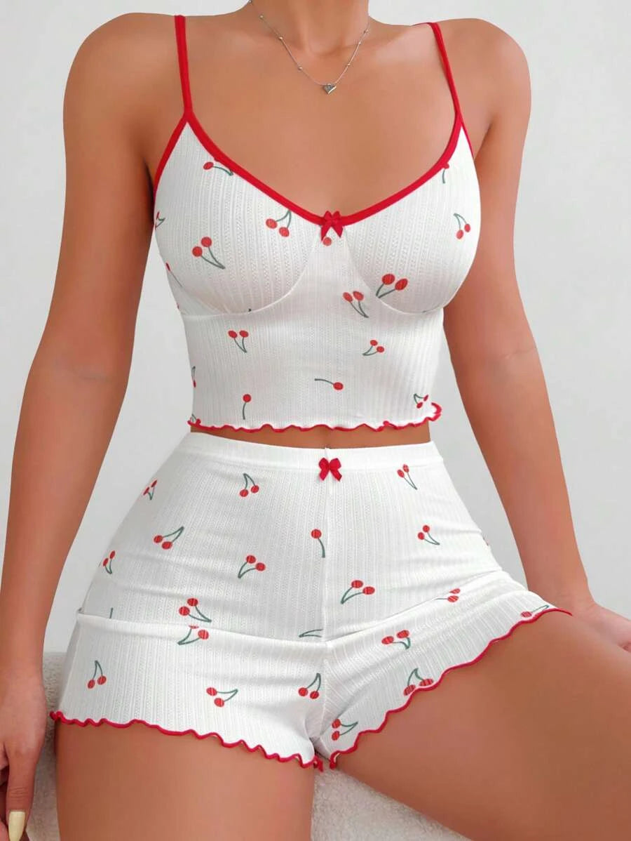 Cherry Print Lettuce Trim Cami Top Shorts Set White