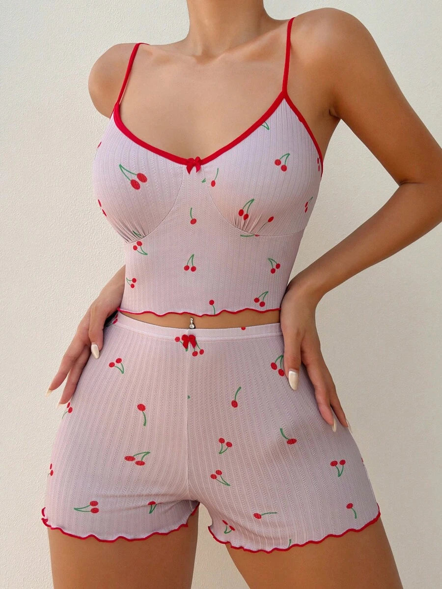 Cherry Print Lettuce Trim Cami Top Shorts Set