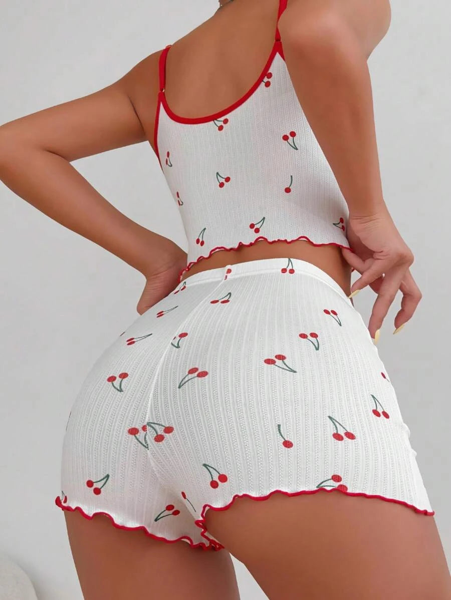 Cherry Print Lettuce Trim Cami Top Shorts Set