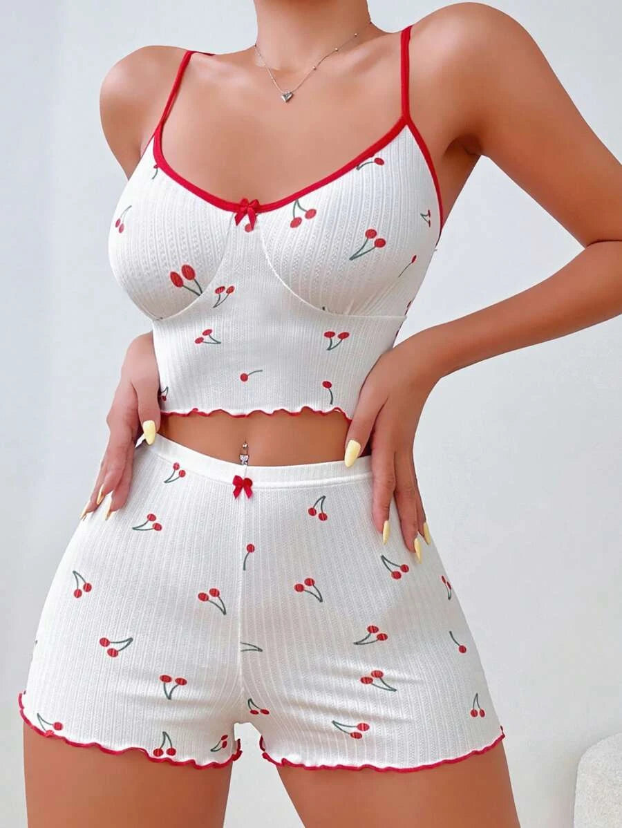 Cherry Print Lettuce Trim Cami Top Shorts Set