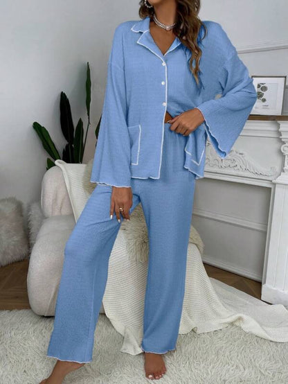 Contrast Binding Casual Lounge Set Blue