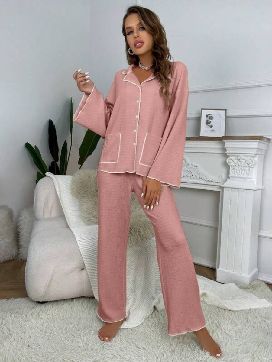 Contrast Binding Casual Lounge Set Pink