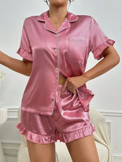 Contrast Binding Ruffle Trim Satin Set Pink