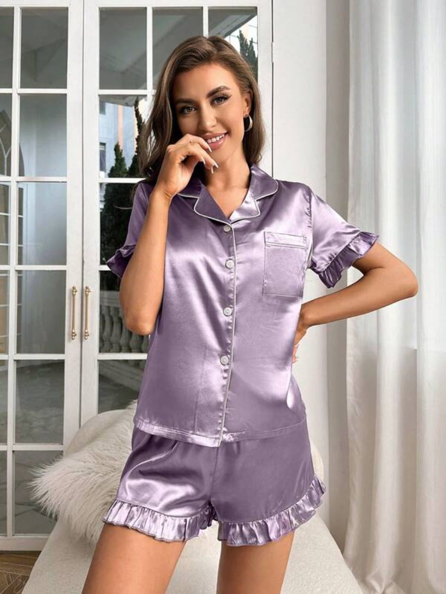 Contrast Binding Ruffle Trim Satin Set Purple