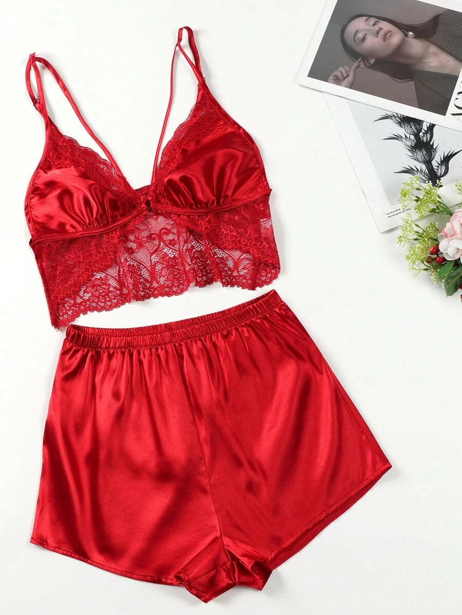 Contrast Lace Harness Satin Cami Top And Shorts Set Red