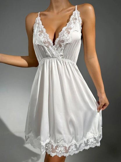 Contrast Lace Satin Slip White