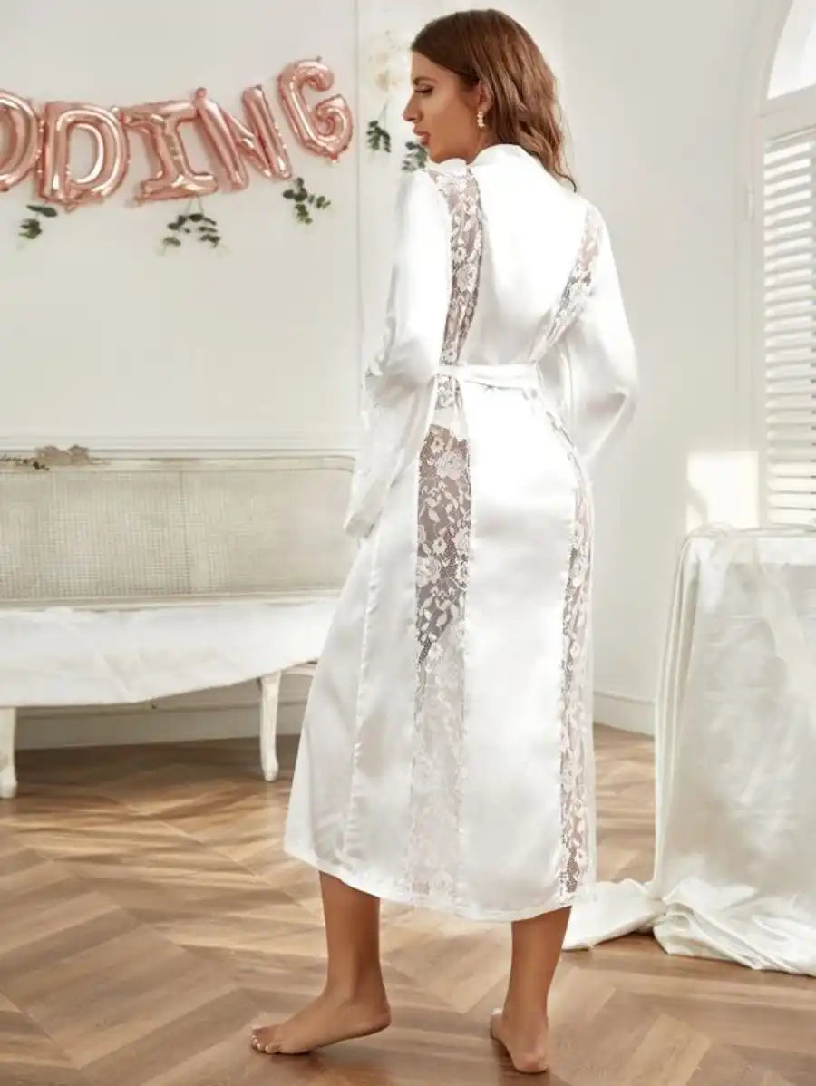 Contrast Lace Trumpet Sleeve Belted Satin Lounge Robe