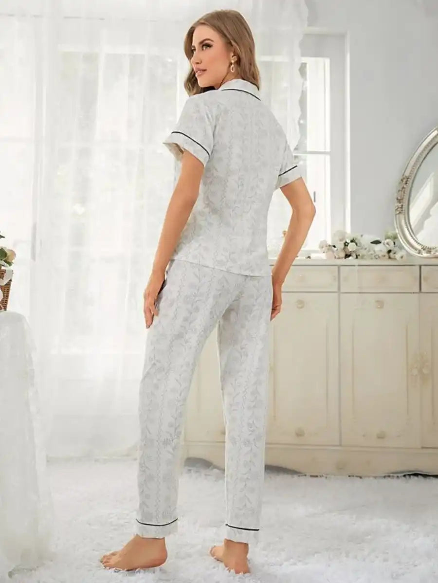 Contrast Piping Jacquard Pajama Set