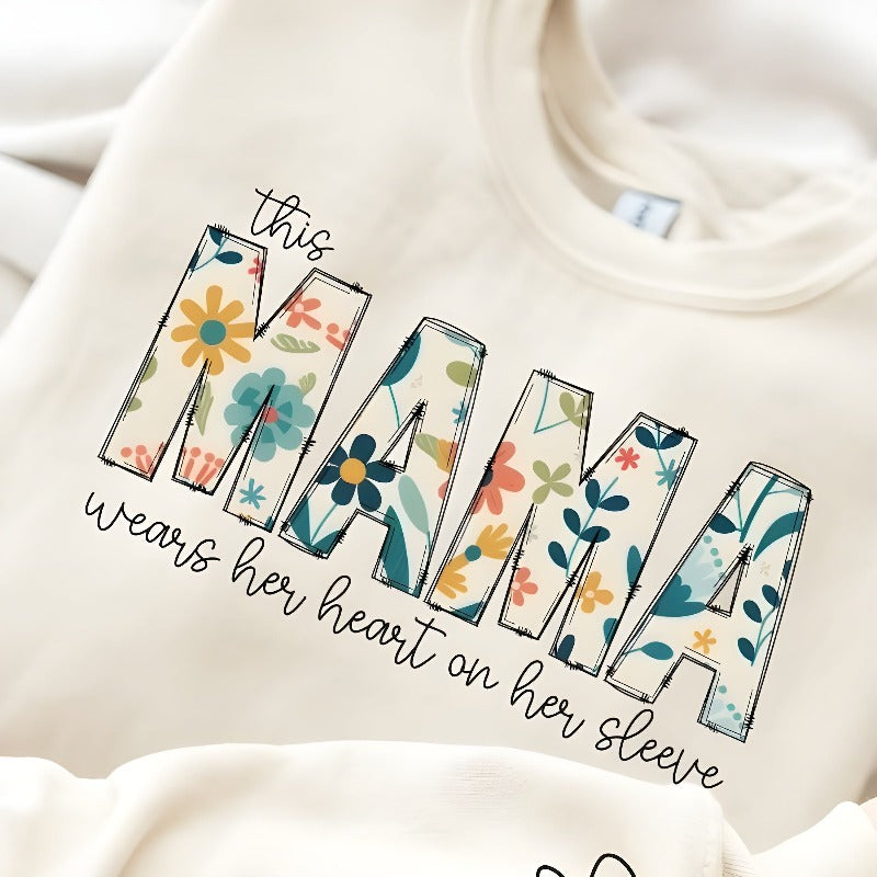 Customized Wear Heart On Sleeve Mama Sweatshirt Hoodie With Kid Names on Sleeves Mother's Day Birthday Gift Flower Style