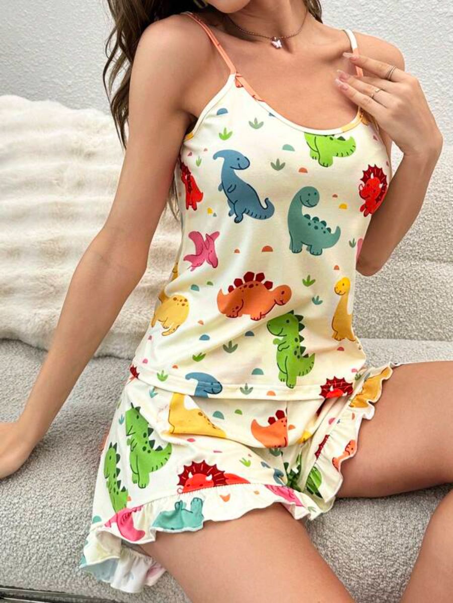 Dinosaur Print Cami Top And Ruffle Hem Shorts Set