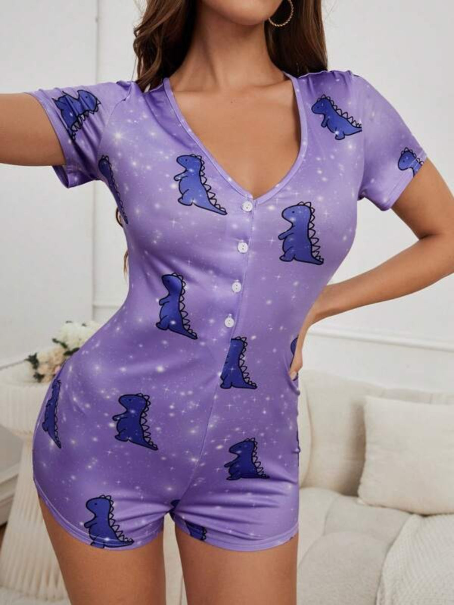 Dinosaur Print Button Front Short Sleeves Sleep Romper