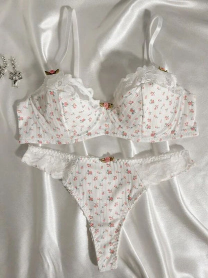 Ditsy Floral Print Contrast Lace Lingerie Set White