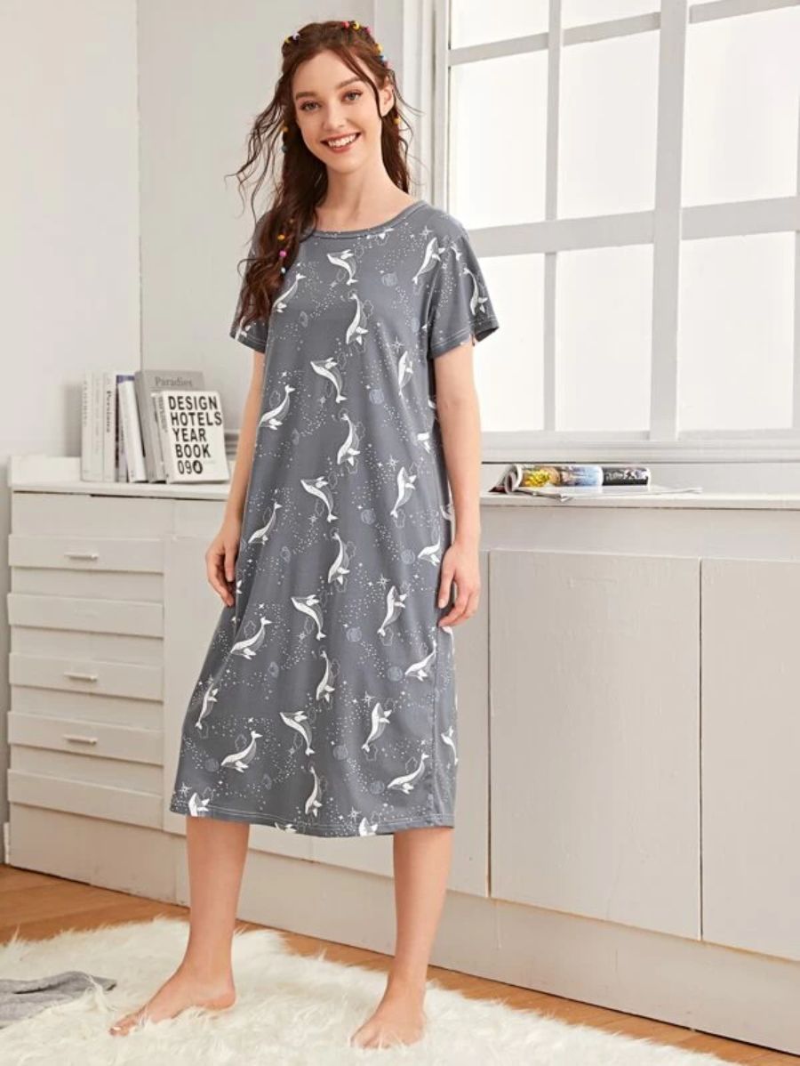 Dolphin And Galaxy Print Night Dress