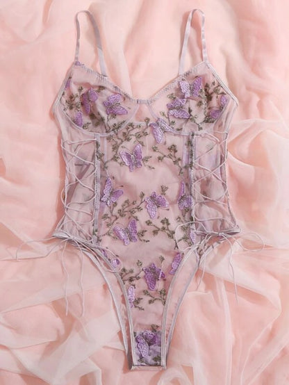 Embroidered Mesh Lace Up Teddy Bodysuit Purple