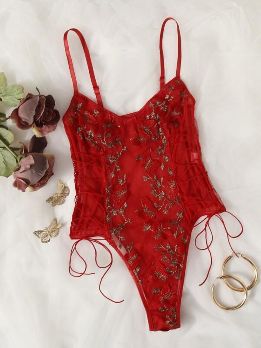 Embroidered Mesh Lace Up Teddy Bodysuit